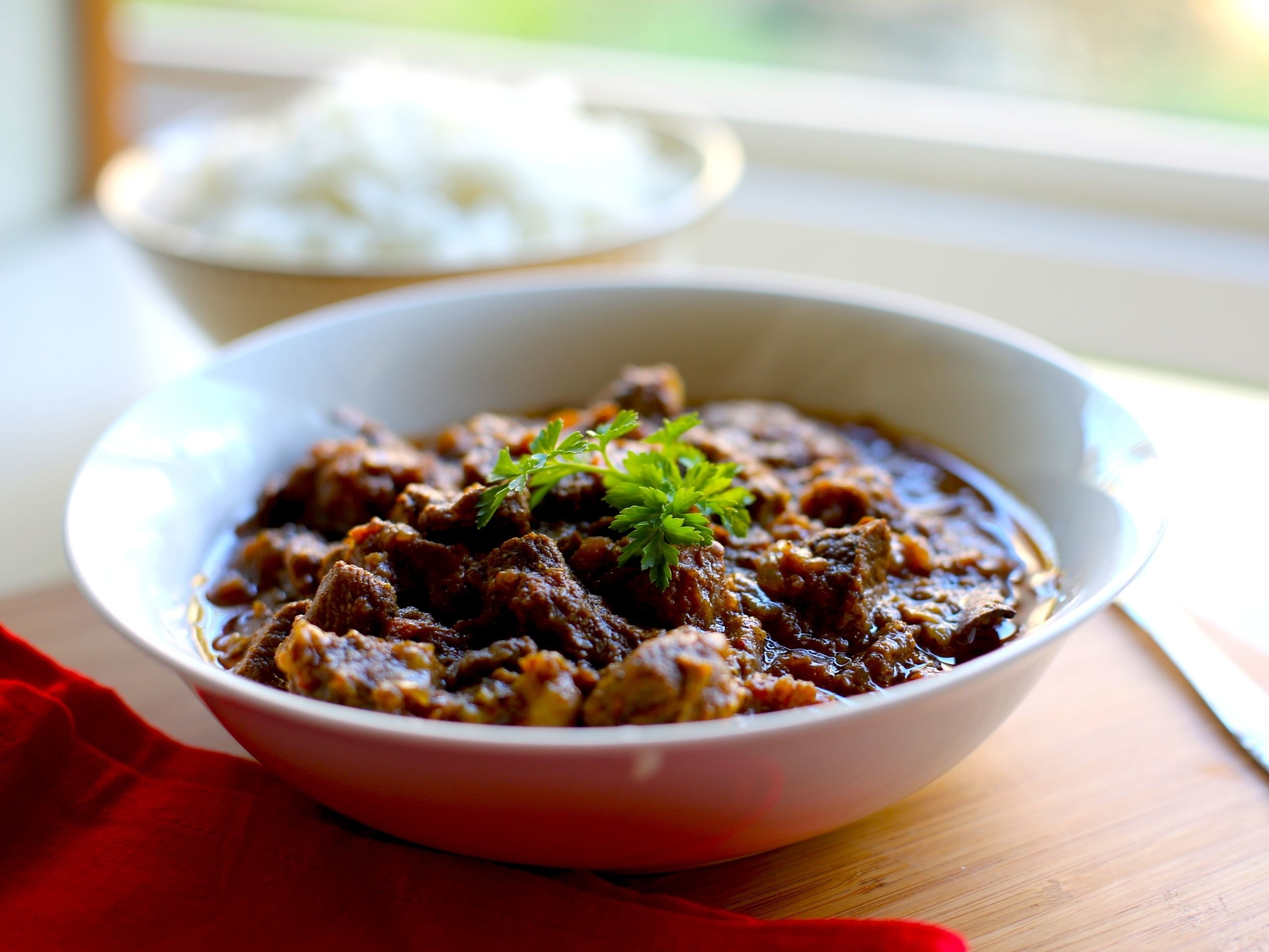 A bowl of Sri Lankan beef curry.