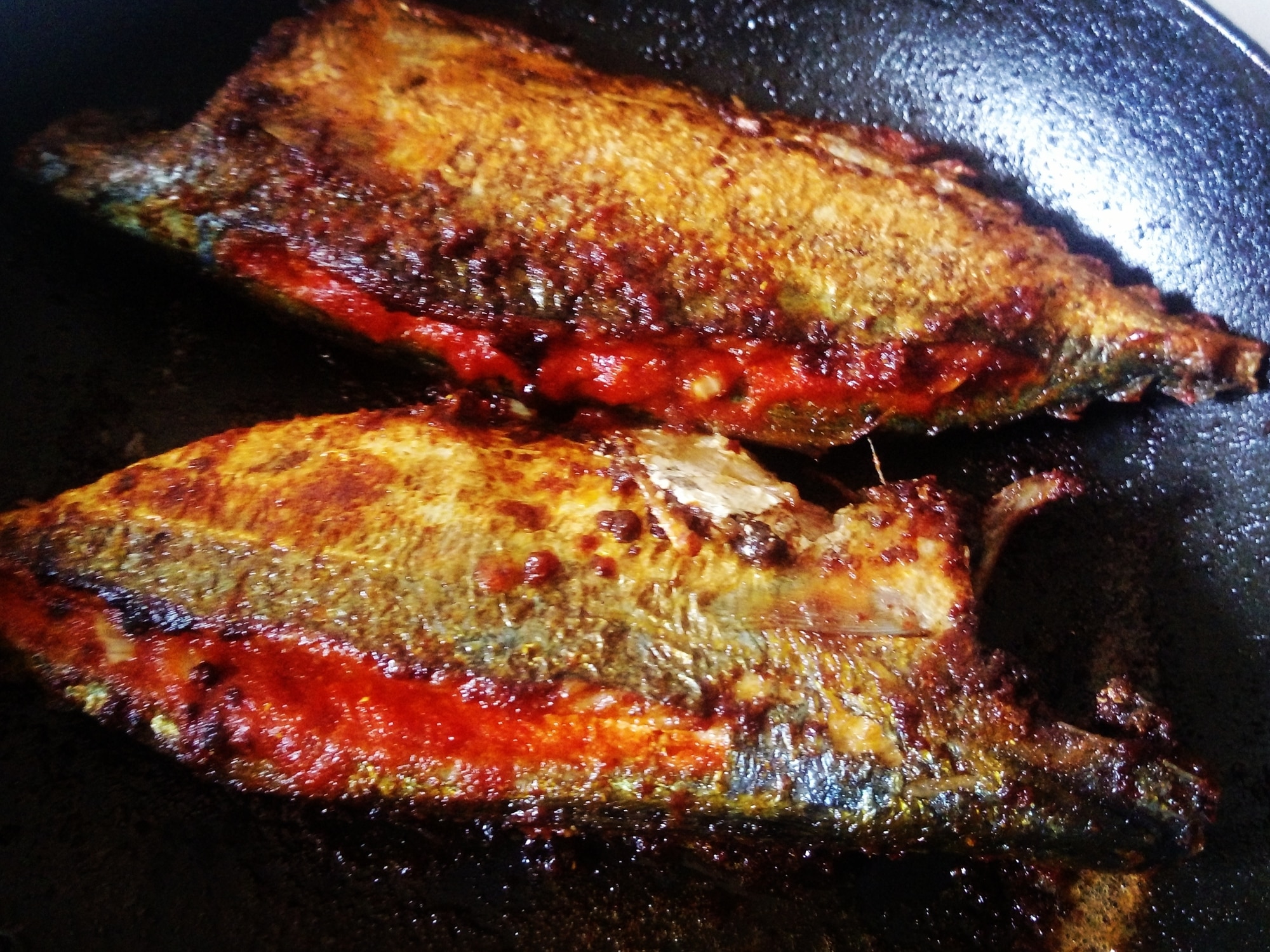 Two pieces of mackerel, stuffed with recheado paste, in frypan