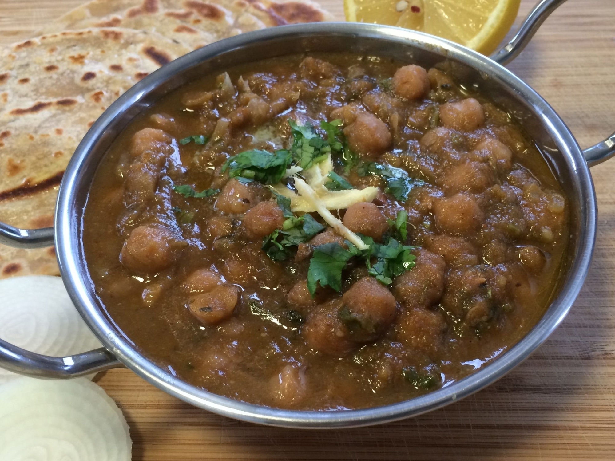 a bowl of masala chickpeas