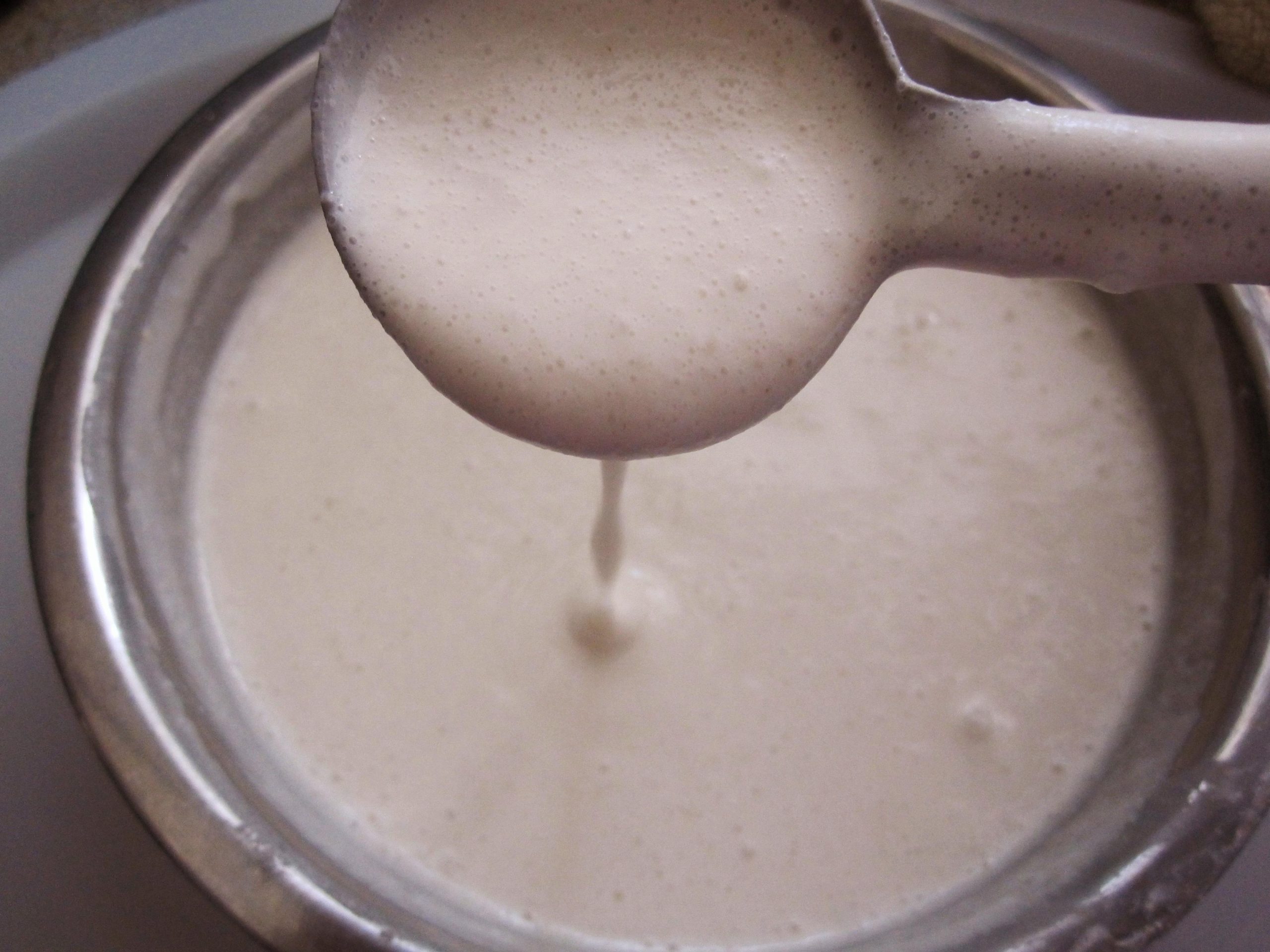 a small bowl of idli batter, with a mixing spoon showing the consistency