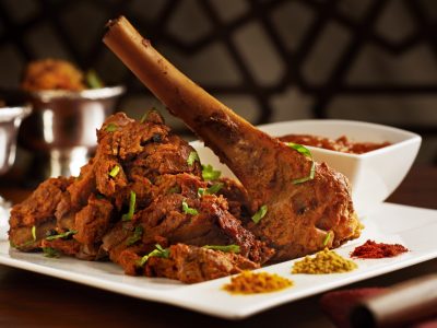 leg of lamb, lucknow style, shank in, on serving platter