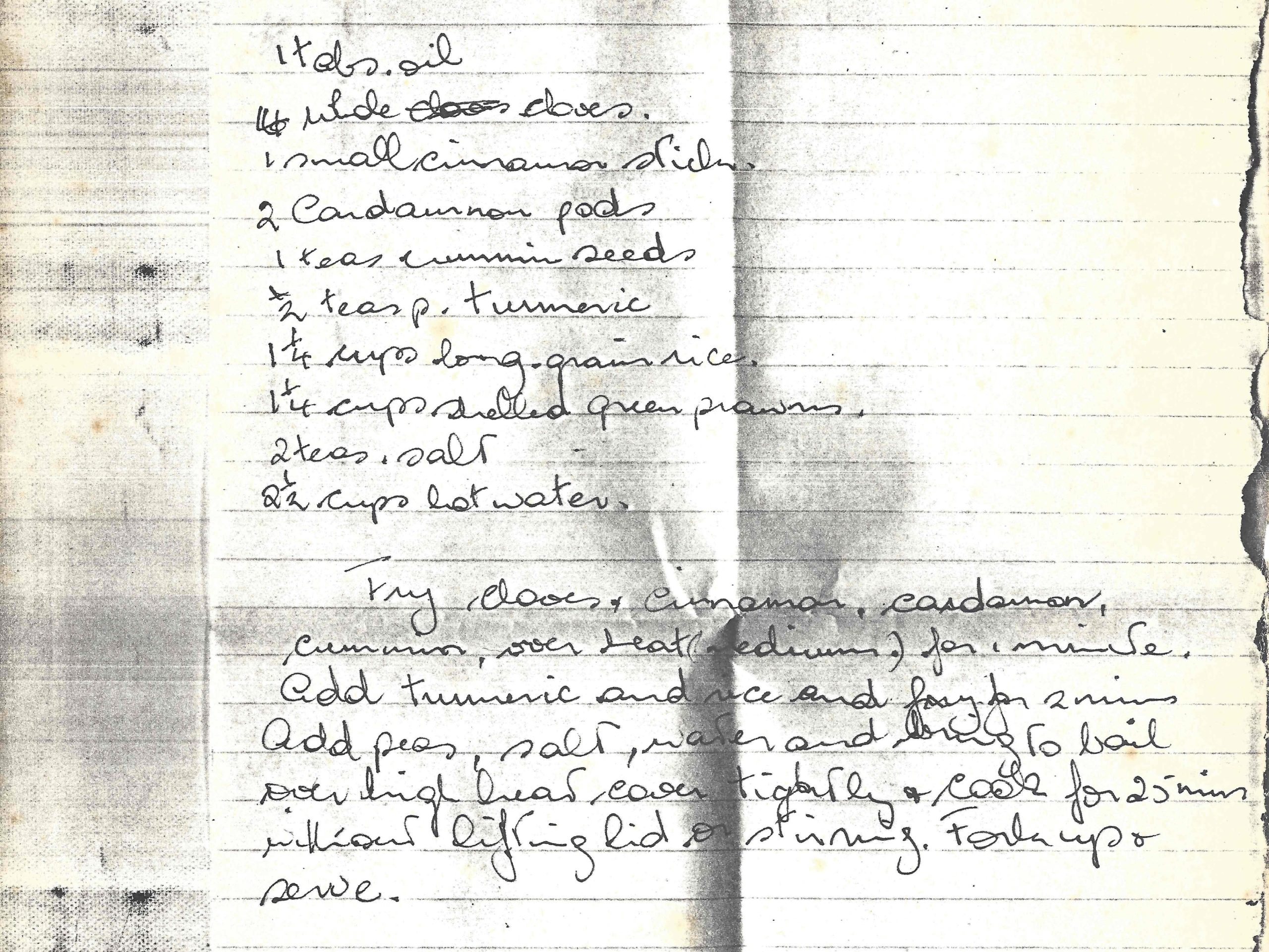 original page from recipe notes