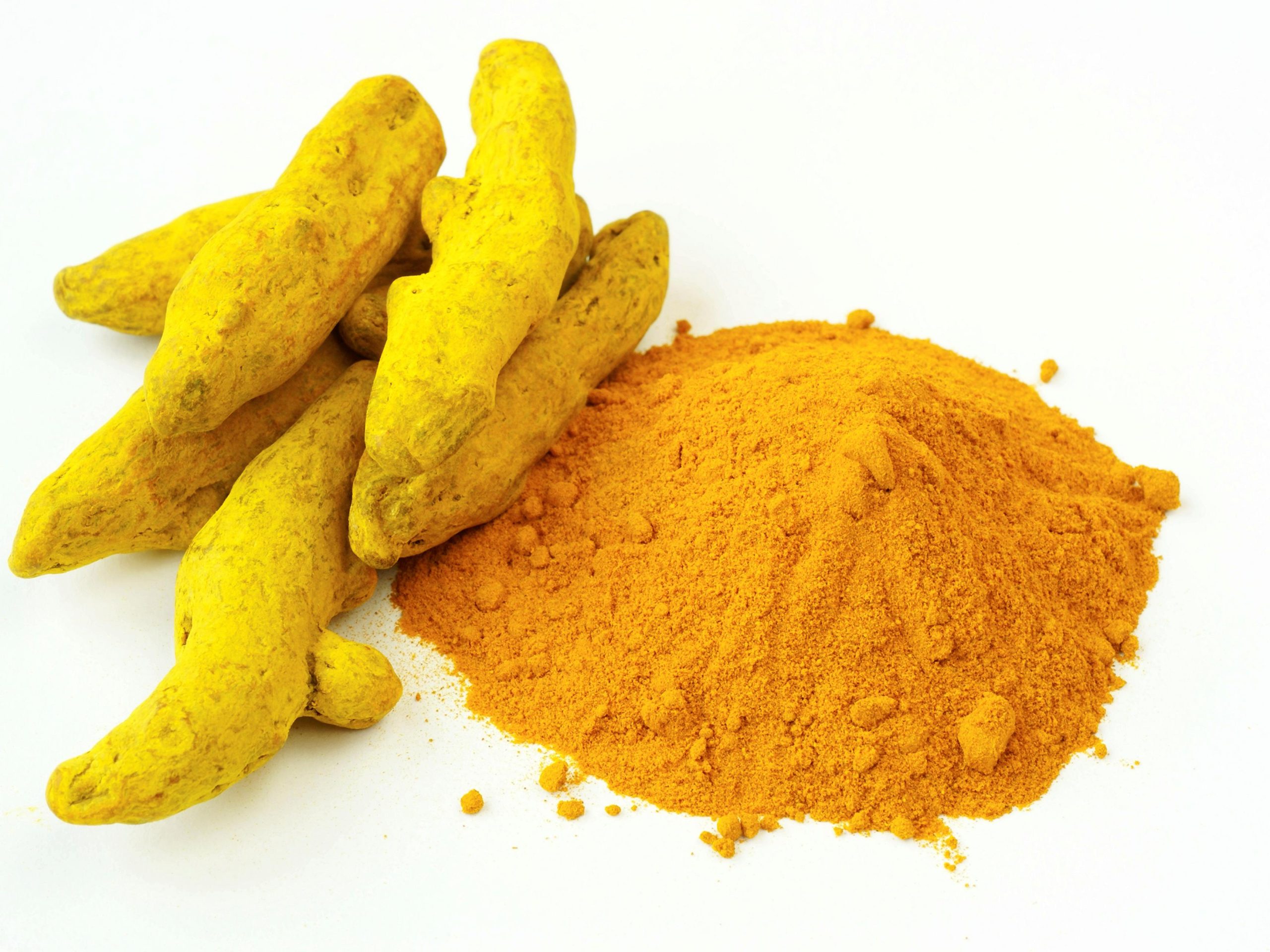 a small mound of ground turmeric, with some whole rhizomes at the side